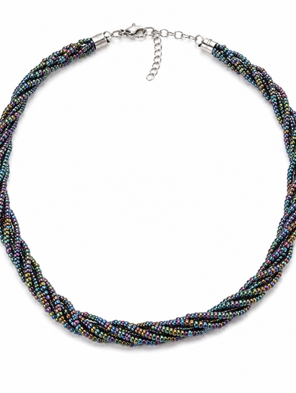 Vintage Black AB Glass Seed Bead Multi-Strand Twisted Necklace Iridescent Choker
